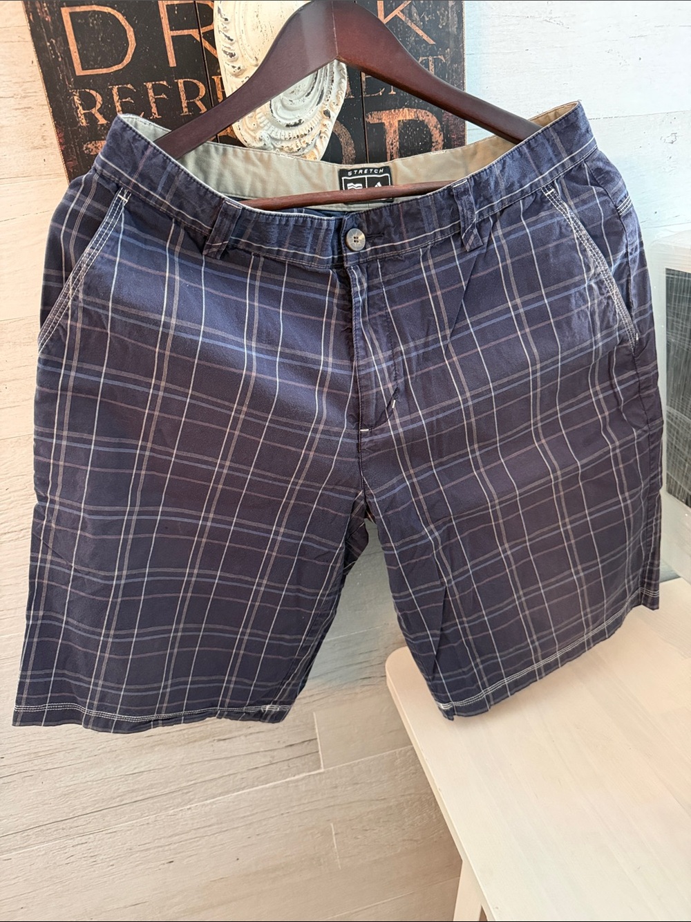 adidas Vintage Men's stretch Cotton Navy Plaid Flat Front Shorts